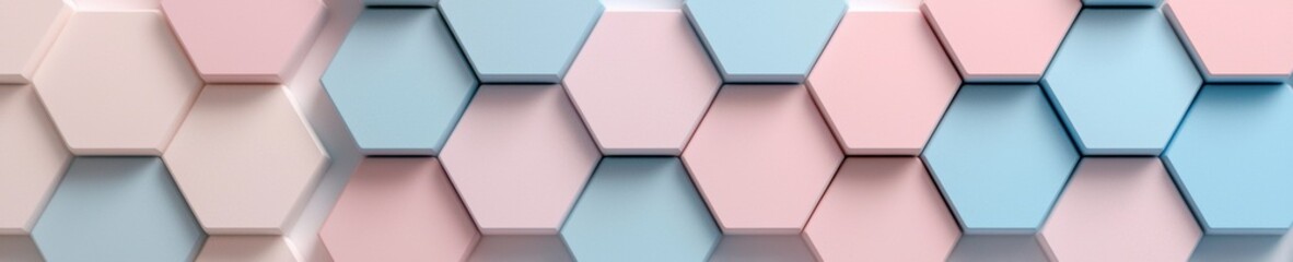3d rendering of a geometric pattern made up of multiple hexagons in different shades of pink, blue, and light blue.