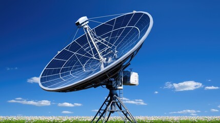 Satellite dish installation open field technology image clear sky wide angle communication innovation