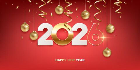 Happy new year 2026. White paper and golden numbers with Christmas decoration and confetti on red background. Holiday greeting card design.