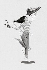 Vertical collage picture of cheerful lovely person arms hold fresh flowers isolated on creative...