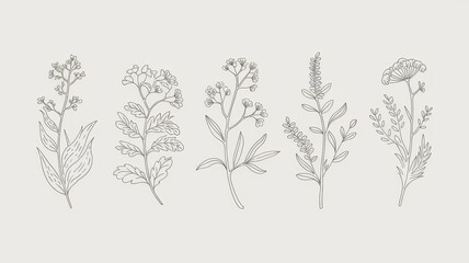Obraz premium A collection of hand-drawn botanical illustrations featuring various delicate flowers and leaves in soft, neutral tones.