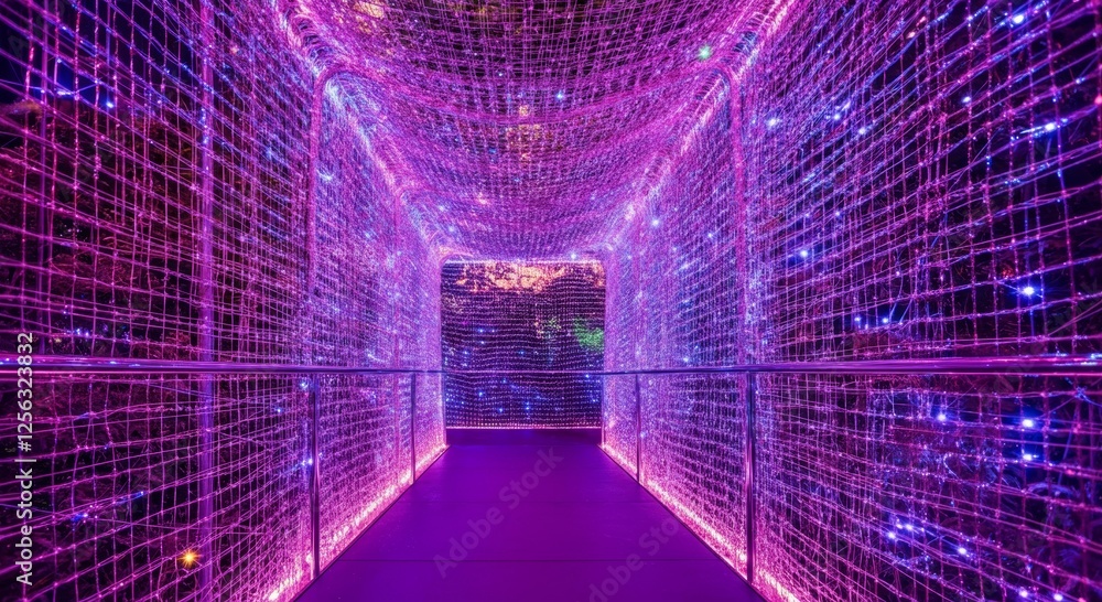 Poster futuristic tunnel-like walkway adorned with shimmering metallic threads woven into intricate pattern