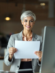 Professional Woman with Short Hair Presenting a Document in Front of a Computer Screen