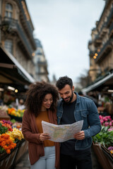 Obraz premium Happy multi-ethnic couple consulting a map while exploring a vibrant flower market on a charming parisian street during a cloudy autumn day, enjoying their adventure together