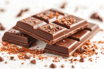 Two dark chocolate bars lying on a white surface covered with cocoa powder and chocolate chips