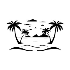 Silhouette of a coastal landscape with palm tree, beach, water, cloud, and mountains.