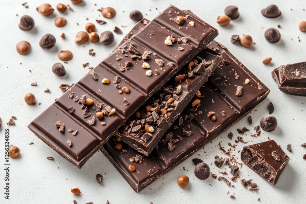 Poster delicious dark chocolate bars sprinkled with cocoa nibs create a tempting arrangement on a white sur