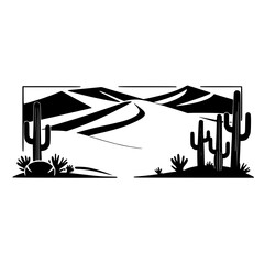 Monochromatic desert landscape showing road, mountains, and cactus in a stylized grayscale style.