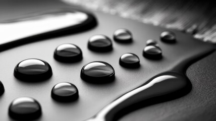Fototapeta premium Close-up of glossy black paint drops glistening on a smooth surface, creating an elegant and artistic appearance with striking reflections.