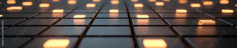 Poster Close-up of a grid of small square-shaped lights. the lights are arranged in a grid-like pattern, with each light emitting a warm orange glow.