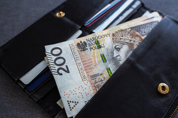 Polish Zloty Banknotes in Black Leather Wallet