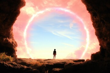 Silhouette of person by mystical portal in majestic cave surrounded by glowing sky
