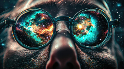 Close-up of a person wearing glasses reflecting a vibrant cosmic scene with swirling galaxies