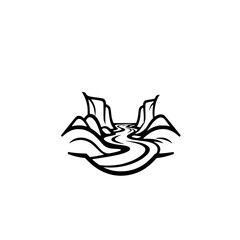 Line art of a canyon with a flowing river curving through it, set against a clean white background.
