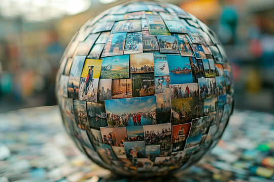 Sphere showcasing numerous travel photos, symbolizing global tourism, exploration and cultural exchange