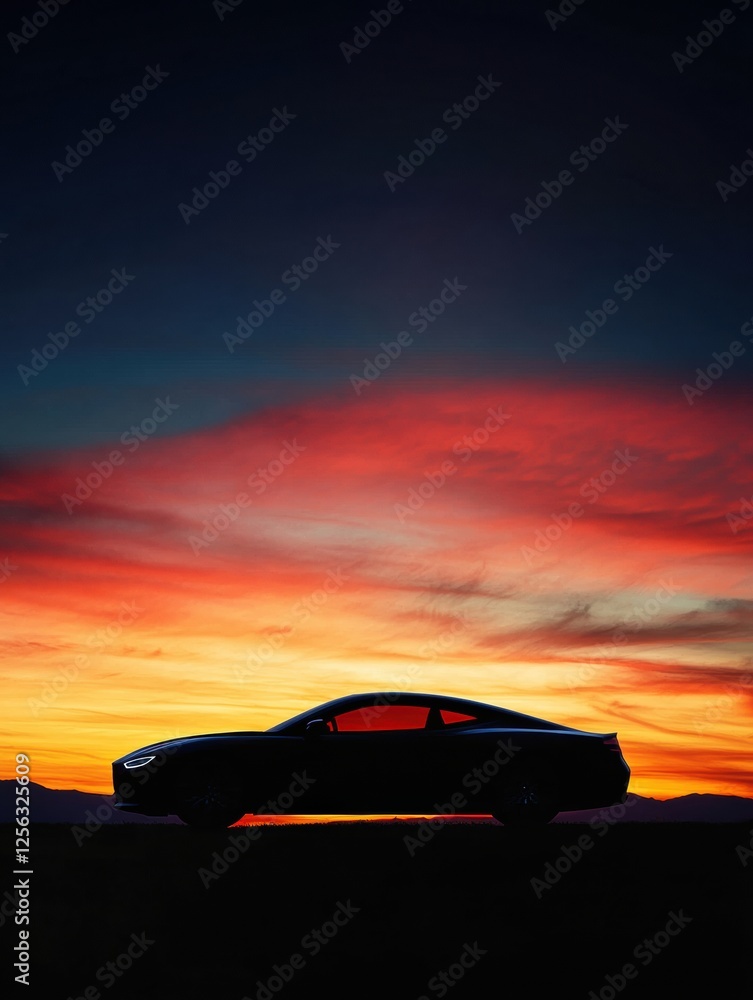 Poster silhouette of a sleek car against a vibrant sunset sky with ample space for text. generative ai