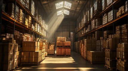 Sunlit warehouse interior showing rows of stacked cardboard boxes on pallets and shelves.