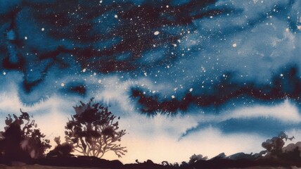 Naklejka premium A serene landscape featuring silhouettes of trees against a starry night sky, blending deep blues and soft whites, evoking tranquility and wonder.