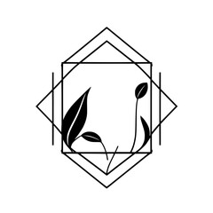 Geometric Floral: Black-and-White Botanical Logo with Elegant Leaf and Bud Composition.