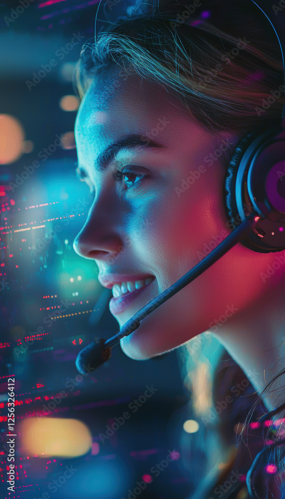 Aufkleber dynamic call center agent engaging with modern communication interface in vibrant lighting