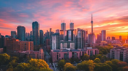 Obraz premium Clean energy powers a city skyline at sunset. Solar panels, batteries, and wind turbines provide sustainable power.