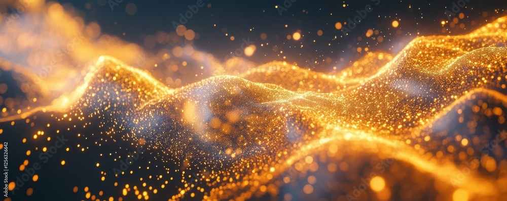 Poster abstract golden particle waves with glowing light and dynamic motion