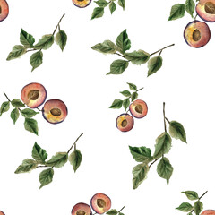 Watercolor seamless background from the garden with plums on branches with leaves.