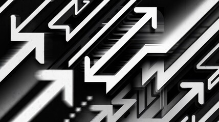 Dynamic abstract illustration featuring a pattern of upward arrows in black and white, symbolizing progress and direction.