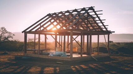 A partially constructed wooden house framed against a golden sunset, showcasing the beauty of rural architecture and strong craftsmanship.