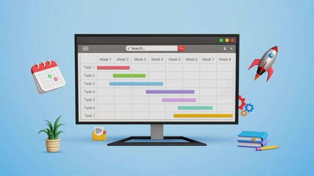 Project planning, work planner, agenda planning, organize timetable, schedule planning, manage business tasks concept. Plan project and tasks using gantt chart on computer. 4K 3D animation