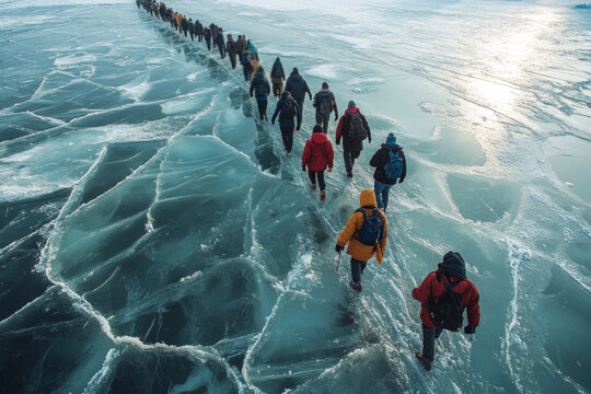 Tourists walking on beautiful cracked ice of lake in winter