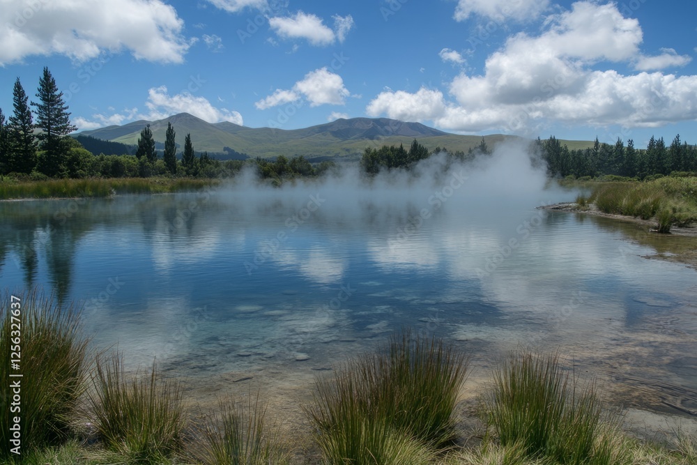 Aufkleber scenic view of steaming geothermal lake with mountains and clouds reflecting in the clear water