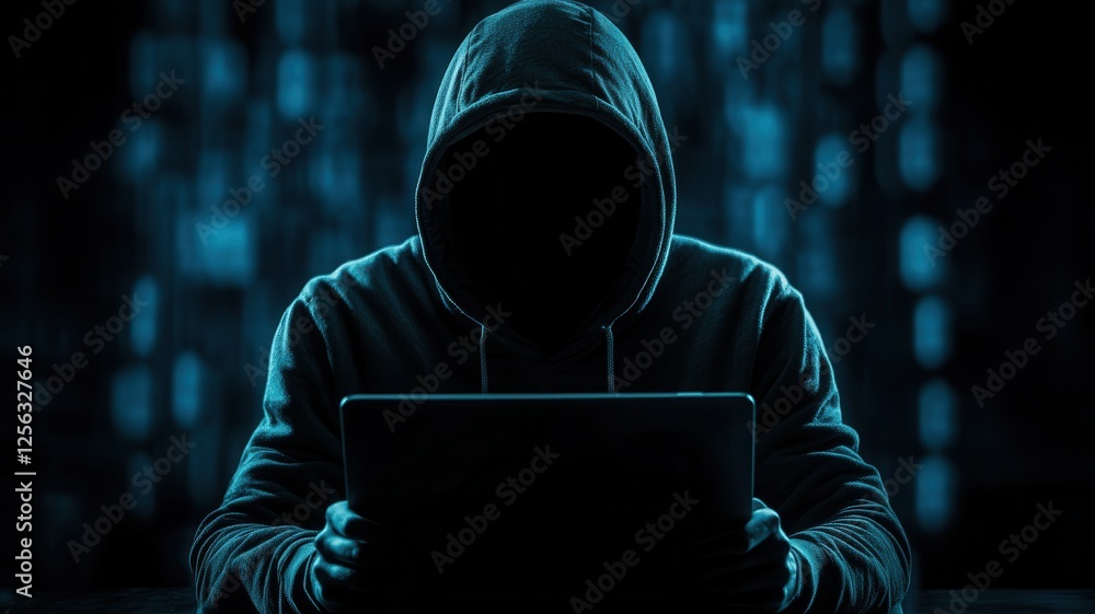 Poster hooded hacker typing on laptop in shadowy workspace, representing cybersecurity threat and digital p