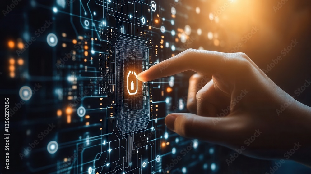 Poster cybersecurity service concept of motherboard and safety authentication network or ai regulation laws