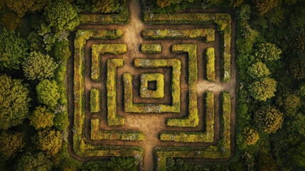 Exploration of a Labyrinth Surrounded by Lush Greenery Under a Clear Blue Sky During Daylight