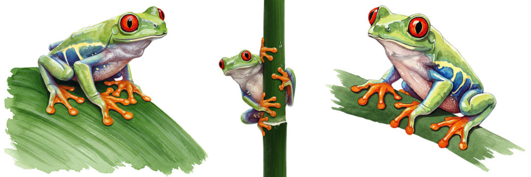 Collection of red-eyed tree frog clipart in watercolour style isolated on a transparent background