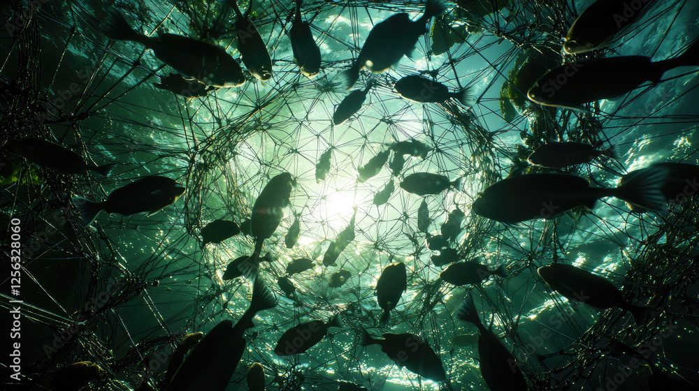 Poster underwater view of fish swimming through a net structure with sunlight filtering from above