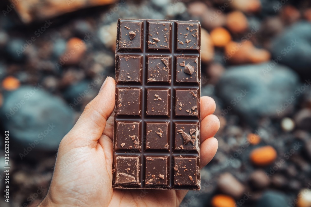 Poster hand is holding a dark chocolate bar with visible cocoa nibs against a blurred rocky beach backgroun