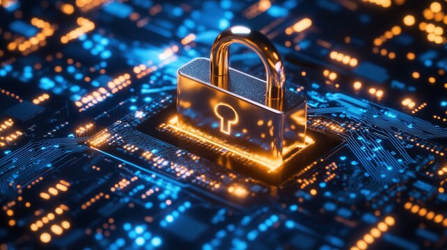 Neon lock securing microchip on computer circuit board, representing data protection and cybersecurity in digital age