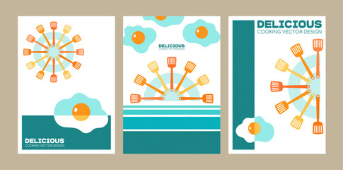 Obraz premium Creative cooking food art. Fried egg and spatula summer design, breakfast omelet and kitchenware sun vectors, delicious creative poster set