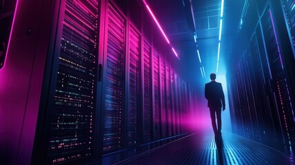 Technician IT engineer walking in dark server room, holding tablet, checking big data center and futuristic technology Management. A specialist ensures cybersecurity