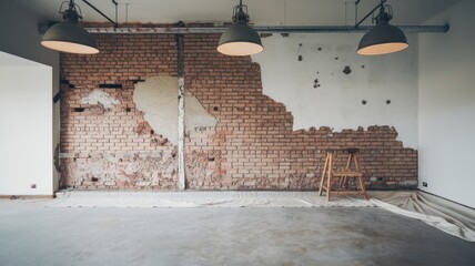 A rustic work-in-progress interior featuring exposed brick and a wooden chair, showcasing the contrast of raw textures and industrial lighting.