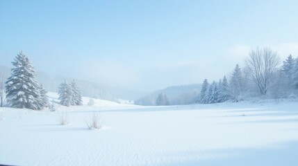 Serene Winter Landscape with Snow-Covered Trees and Shimmering Light