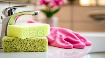 A green sponge and pink rubber gloves placed on a sink Cleaning the bathroom
