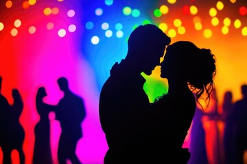 Romantic silhouette of caucasian couple dancing against vibrant colorful lights