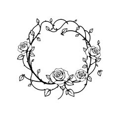 Black and white circular floral wreath, featuring roses and leaves, minimalist style. © MatandSterre