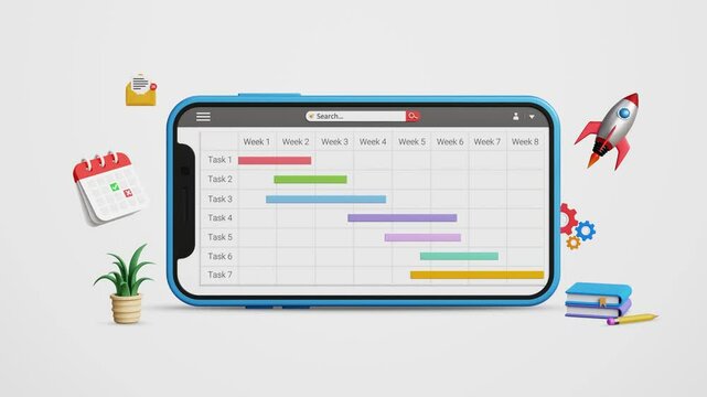 Business project management system, work progress and schedule, agenda planning concept. Business tasks planning with gantt chart on a mobile. 4K 3D animation