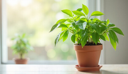 Fototapeta premium Curry leaf plant growing in a clay pot on a table with a soft background and copy space