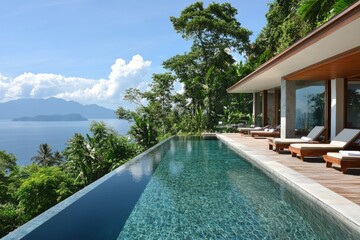Luxurious infinity pool with breathtaking view of the ocean and mountains in a tropical paradise