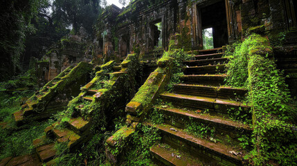 Overgrown ancient stone steps leading to a ruined temple surrounded by lush greenery